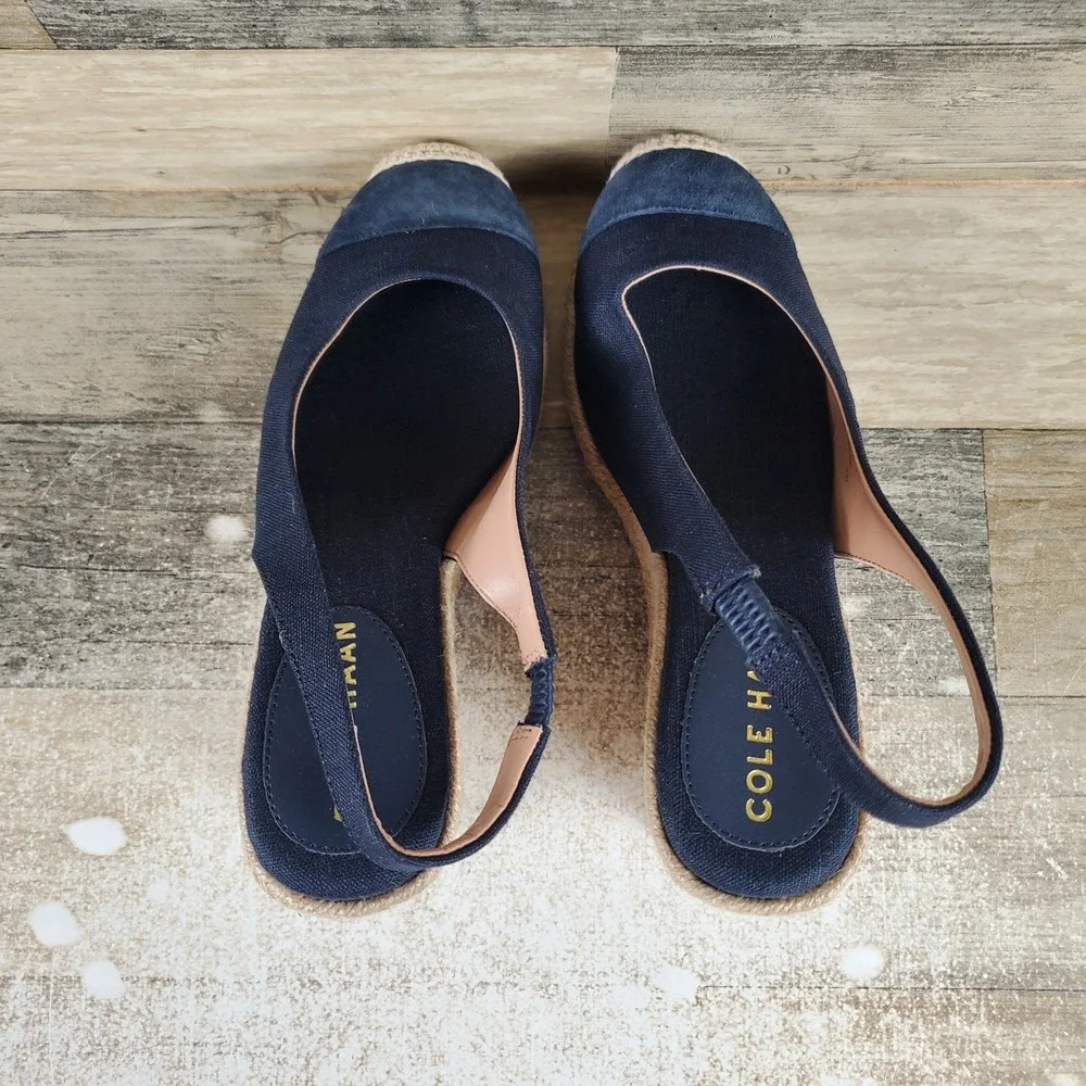 Cole Haan Cloudfeel Womens Espadrille Sandals Sz 5 B Navy Slingback Wedge Heel